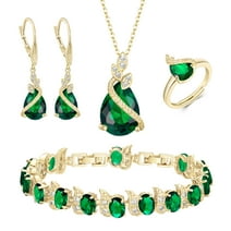 Wedure Wedding Bridal Jewelry Set for Bride, Sparkling Teardrop CZ Crystal Pendant Necklace Leverback Earrings Tennis Bracelet Adjustable Ring Set Gift for Christmas Emerald Color Gold-Tone