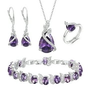 Wedure Wedding Bridal Jewelry Set for Bride, Sparkling Teardrop Cubic Zirconia Crystal Pendant Necklace Leverback Earrings Tennis Bracelet Adjustable Ring Set Gift for Anniversary Purple Silver-Tone