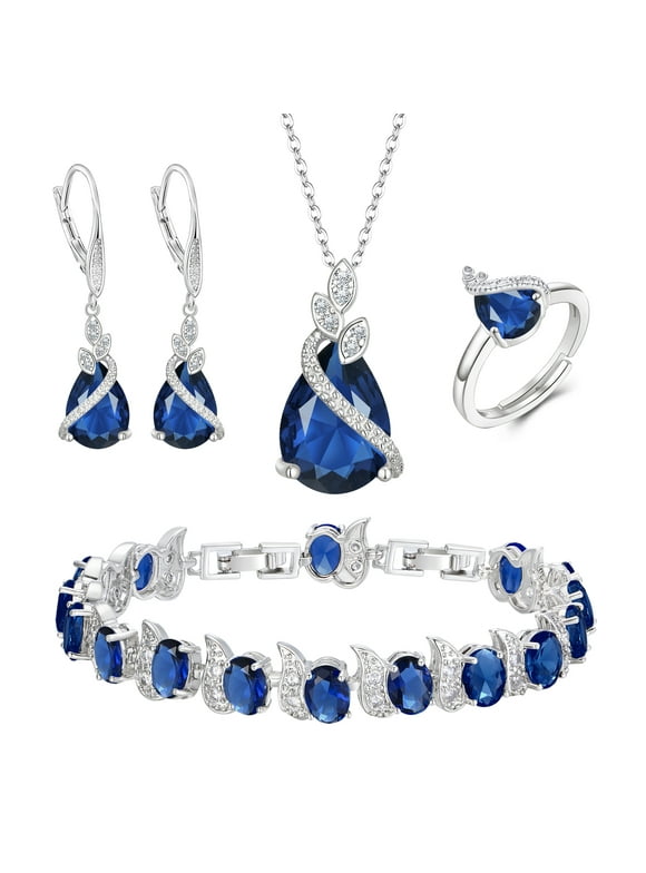 Wedure Wedding Bridal Jewelry Set for Bride, Sparkling Teardrop Cubic Zirconia Crystal Pendant Necklace Leverback Earrings Tennis Bracelet Adjustable Ring Set Gift for Christmas Sapphire Silver-Tone