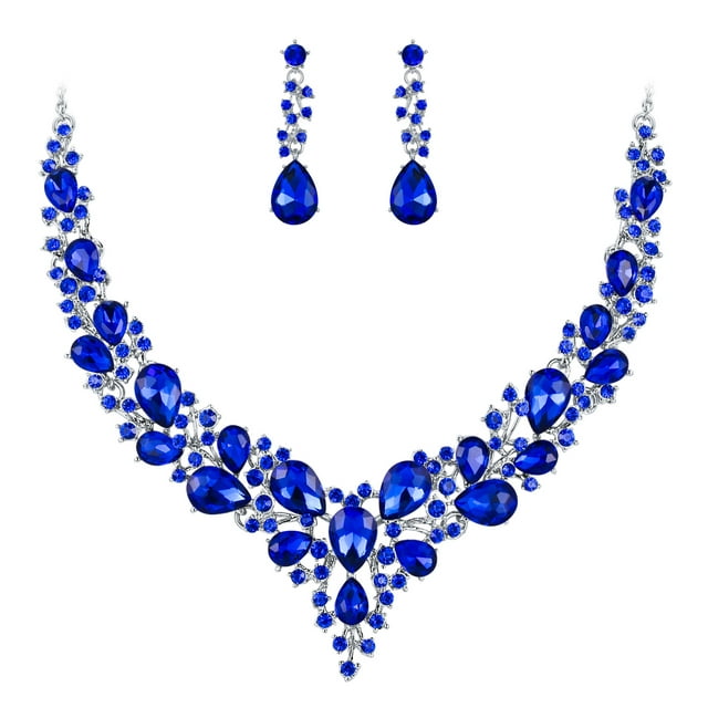 Wedure Wedding Bridal Necklace Earrings Jewelry Set for Women, Austrian Crystal Teardrop Cluster Statement Necklace Dangle Earrings Set Blue Silver-Tone