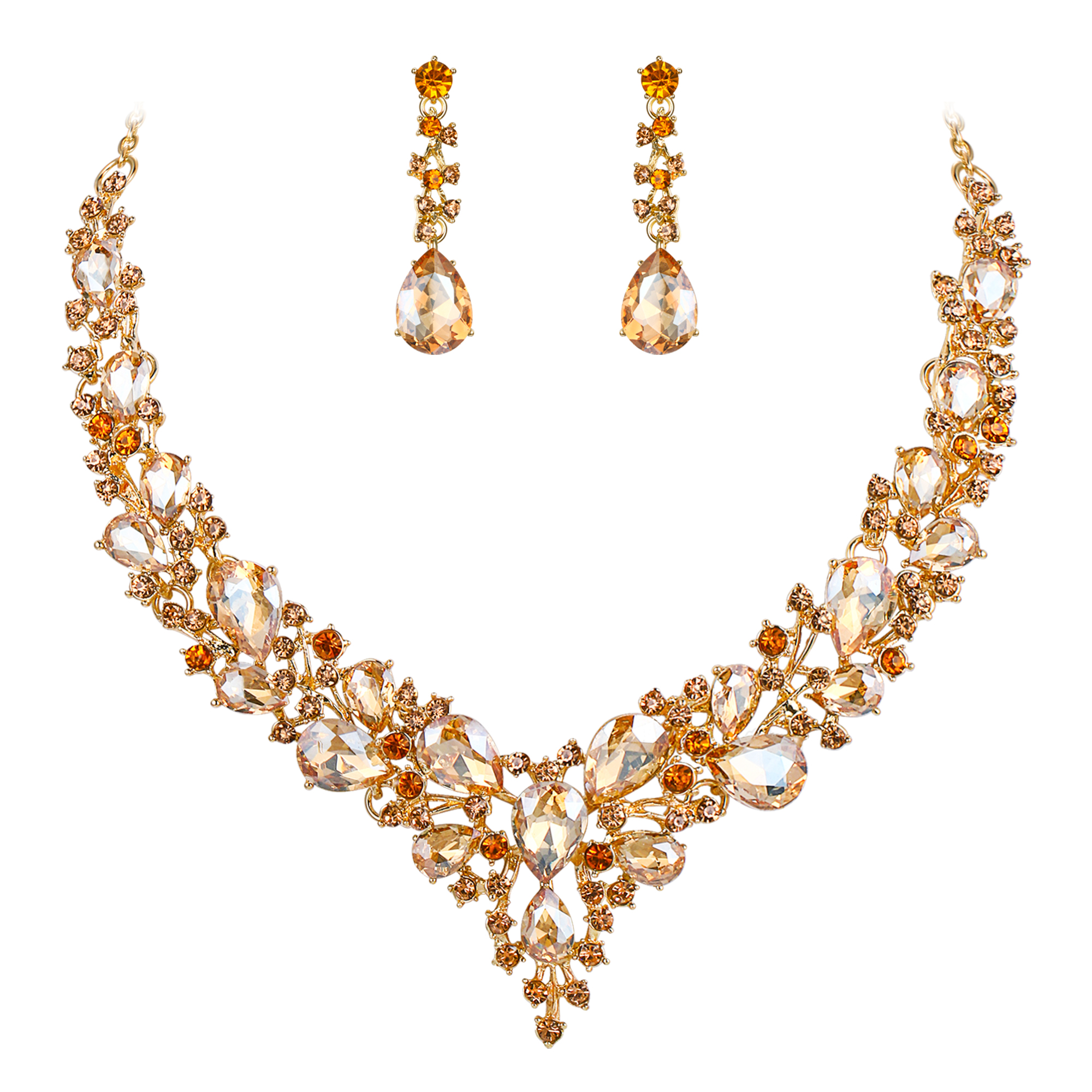 Wedure Wedding Bridal Necklace Earrings Jewelry Set for Women,, Austrian Crystal Teardrop Cluster Statement Necklace Dangle Earrings Set Champagne Gold-Toned - image 1 of 5