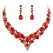Wedure Wedding Bridal Necklace Earrings Jewelry Set for Women, Austrian Crystal Teardrop Cluster Statement Necklace Dangle Earrings Set Ruby Color Gold-Tone