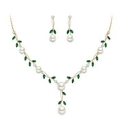 Wedure Wedding CZ Crystal Cream Simulated Pearl Jewelry Set for Women, Floral Vine Filigree Necklace Earrings Set Green Gold-Tone