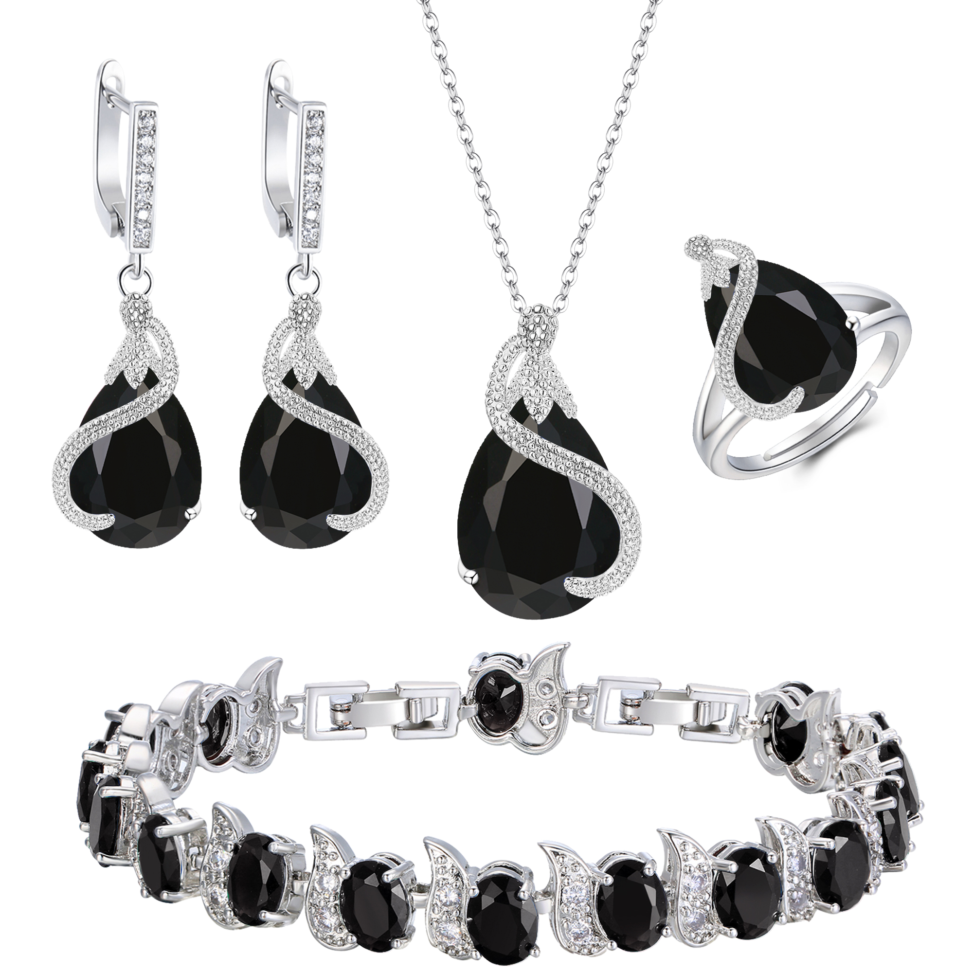 Wedure Wedding CZ Jewelry Sets for Bride, Birthstone CZ Necklace Earrings Bracelet Ring Sets for Birthday/Mother's Day Gifts for Mom/Wife/Sister/Best Friend Black Silver-Tone - image 1 of 5
