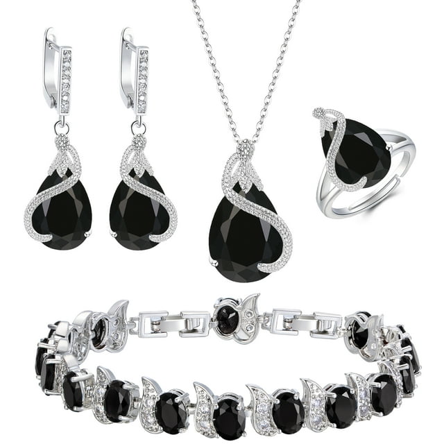 Wedure Wedding CZ Jewelry Sets for Bride, Birthstone CZ Necklace Earrings Bracelet Ring Sets for Birthday/Mother's Day Gifts for Mom/Wife/Sister/Best Friend Black Silver-Tone