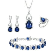Wedure Wedding CZ Open Ring Bracelet Necklace Dangle Earrings Set, Waterdrop Oval White Gold Plated Jewelry Gifts for Woman Girl Sapphire Blue Silver-Tone