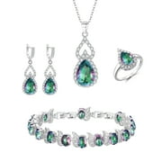 Wedure Wedding CZ Open Ring Bracelet Necklace Dangle Earrings Set, Waterdrop Oval White Gold Plated Jewelry Gifts for Woman Girl Tourmaline Silver-Tone