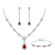 Wedure Wedding Cubic Zirconia Jewelry Set Stunning Teardrop July Birthstone Necklace Bracelet Earrings Set for Women Ruby Red Silver-Tone
