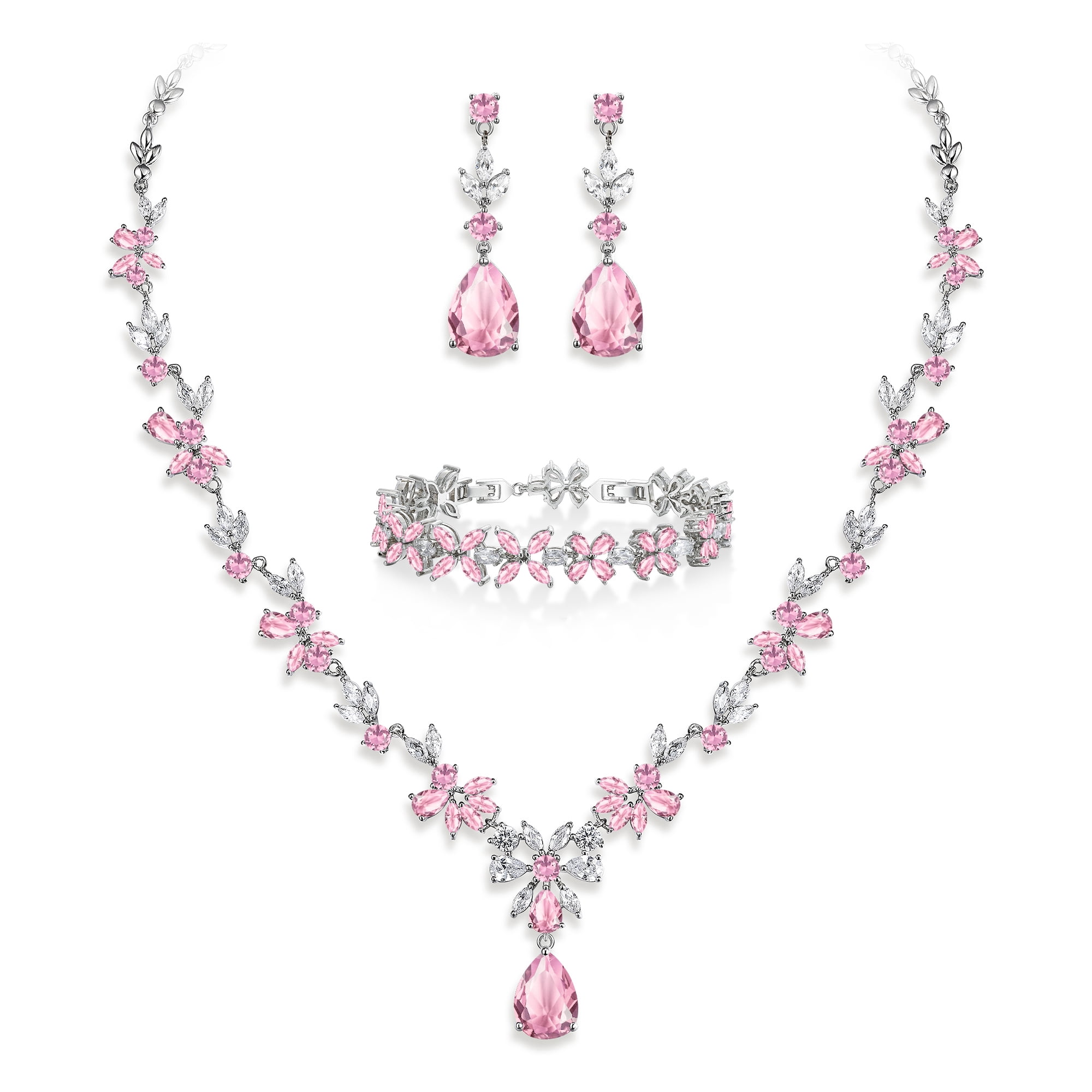 Wedure Wedding Jewelry Set for Women, Flower Leaf Pink Waterdrop