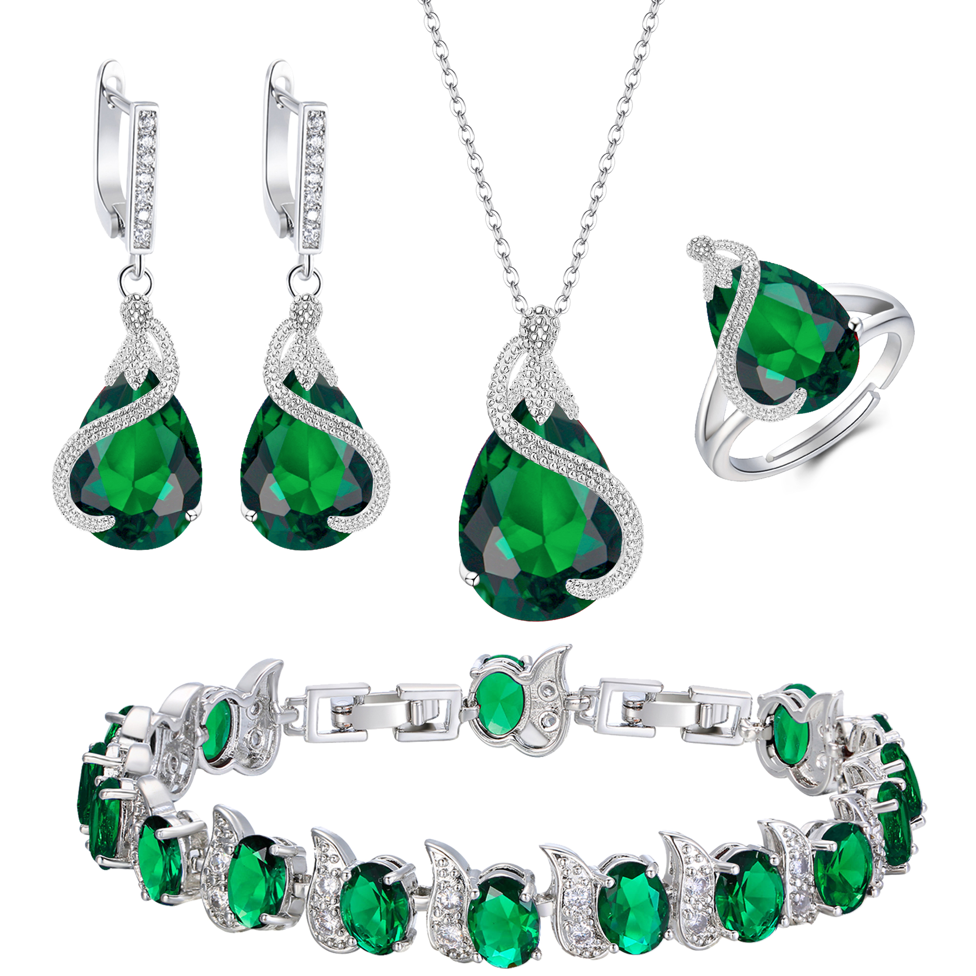 Wedure Women Bridal Jewelry Set for Bride, Emerald Birthstone CZ Necklace Earrings Bracelet Ring Sets for Birthday/Mother's Day Gifts for Women Green Silver-Tone - image 1 of 5