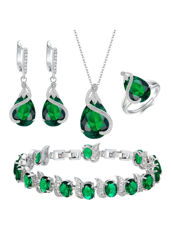 Wedure Women Bridal Jewelry Set for Bride, Emerald Birthstone CZ Necklace Earrings Bracelet Ring Sets for Birthday/Mother's Day Gifts for Women Green Silver-Tone