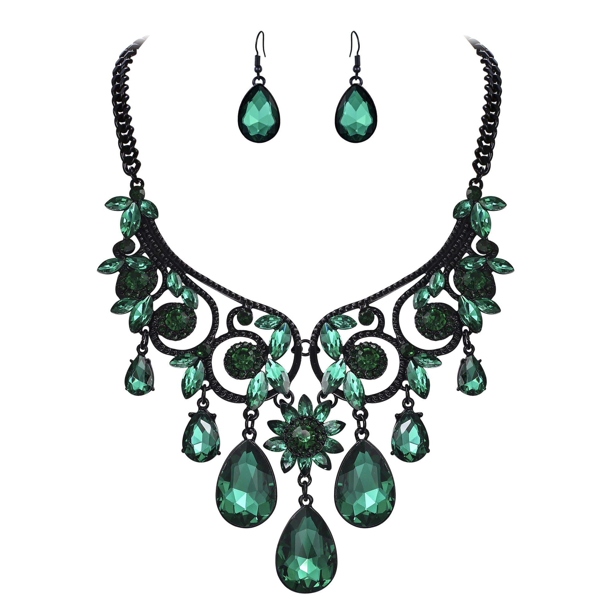 Enrwin Pearl & Crystal Statement Necklace & Earrings Set - Bridal Wedding Jewelry, Teardrop Flower Design - View #2