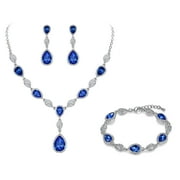 Wedure Women's Wedding Bridal Jewelry Sets for Brides Bridesmaids, Cubic Zirconia Teardrop Necklace Tennis Bracelet Dangle Earrings Jewellery Set Blue Silver-Tone