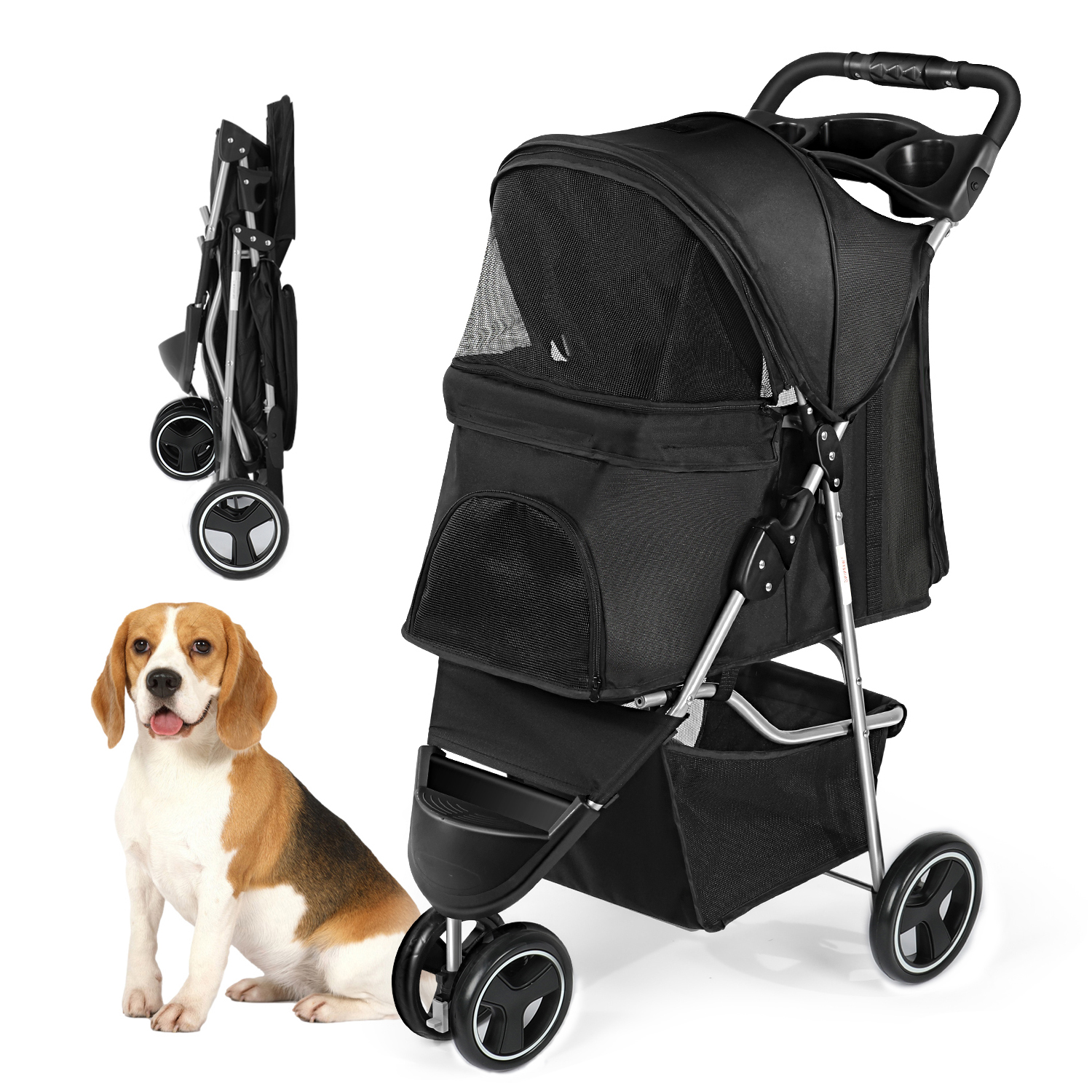 Wedyvko 3 Wheel Pet Folding Dog Stroller, Large Capacity, 360 ° Rotating Front WheelsBlack