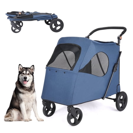 Wedyvko Dog Stroller Pet Jogger Wagon Foldable Cart with 4 Wheels, Adjustable Handle, Mesh Skylight Pet Stroller for Small to Large Dogs (Blue)