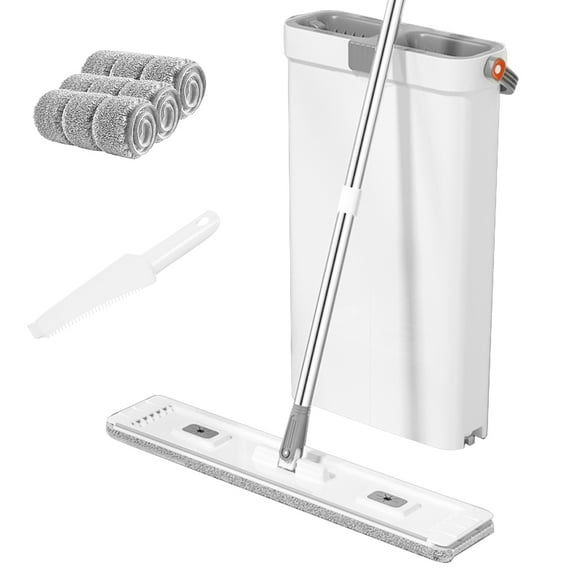 Wedyvko Mop and Bucket with Wringer Set, White Flat Squeeze Mop Bucket Set for Floor Cleaning,3 Washable Microfiber Pads Included,Home Floor Cleaning System for All Floor Types and Windows,White