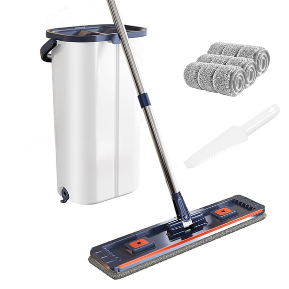 Wedyvko Mop and Bucket with Wringer Set, White Flat Squeeze Mop Bucket Set for Floor Cleaning,3 Washable Microfiber Pads Included,Home Floor Cleaning System for All Floor Types and Windows,Blue