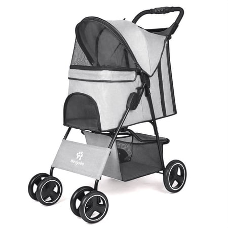 Wedyvko Pet Dog Stroller, 4 Wheeled Foldable Pet Stroller with Storage Basket and Cup Holder, Front Wheel 360° Rotation, Suitable for Small and Medium-Sized Pets(Gray)