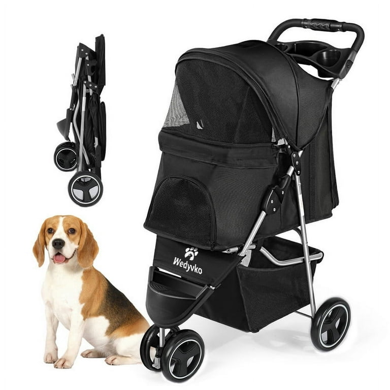 Wedyvko Pet Stroller 3 Wheels Foldable Dogs Strollers with Storage BasketSuitable for Small and Medium Sized Pets Black