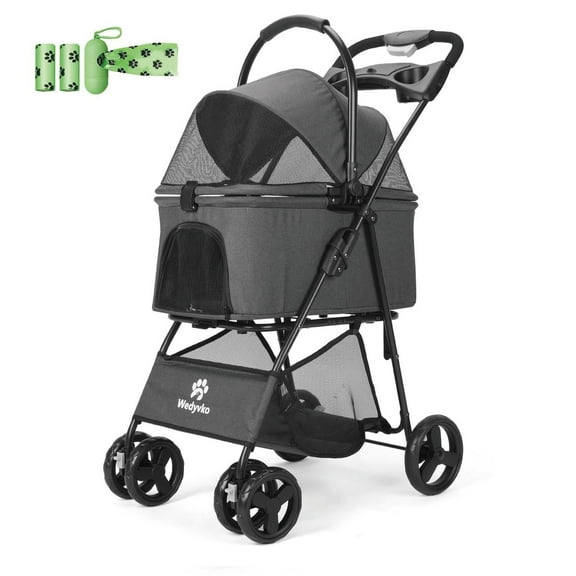 Wedyvko Pet Stroller with 4 Wheels, Foldable Pet Travel Carrier for Small/Medium Dogs Cats up to 50lbs, Detachble Portable Pet Bag, Storage Basket, Car Seat 3 in 1 Multifunctional,Dark gray