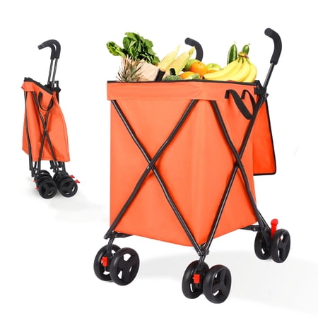 Wedyvko Shopping Cart, Large Grocery Cart with Wheels and Removable Fabric Cover, Lightweight and Sturdy Rolling Utility Cart for Groceries Laundry Shopping Picnic,Orange