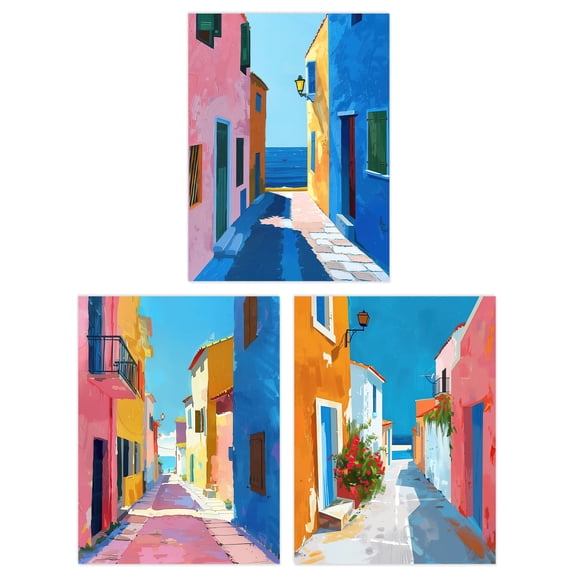 Wee Blue Coo Set of 3 Prints Colourful Village Sea Greek Spanish Living Room Poster Wall Art 12X16"