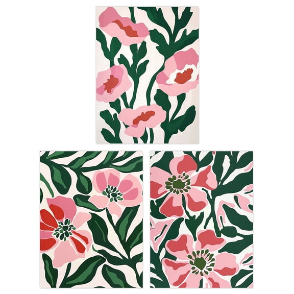 Wee Blue Coo Set of 3 Prints Pink Poppy Flowers Floral Retro Boho Living Room Poster Wall Art 12X16"