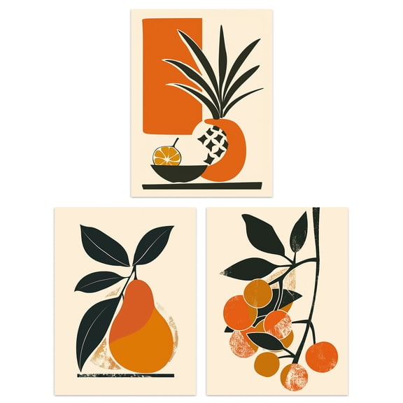 Wee Blue Coo Set of 3 Prints Summer Fruit Boho Mid Century Orange Kitchen Poster Wall Art 12X16"