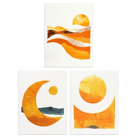 Wee Blue Coo Set of 3 Prints Sun & Moon Amber Gold Modern Living Room Poster Wall Art 12X16"
