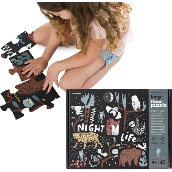 Wee Gallery Large Floor Puzzle 24 Pieces "NIGHT LIFE" - for Ages 3+ Features Owls, Foxes, Bears and Jaguars