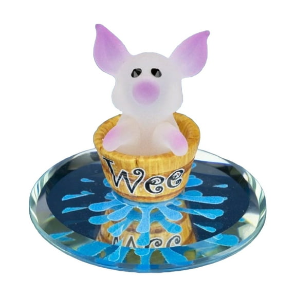 Glass Baron White and Pink Little Wee Pig Figurine in Brown Barrel On Hand Beveled Mirror Base Accented in Genuine Swarovski Crystal