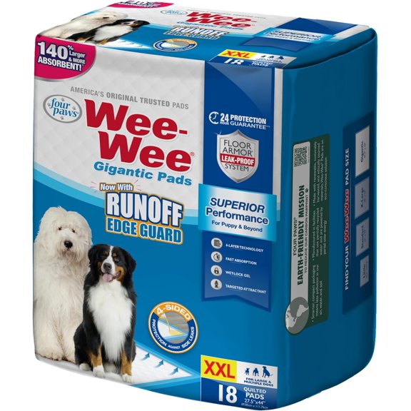 Wee-Wee Superior Performance Pee Pads for Dogs with Runoff Barrier Edge Guard Protection, Puppy & Dog Potty Training Pads, Housebreaking Supplies, 27.5" x 44" (18 Count)