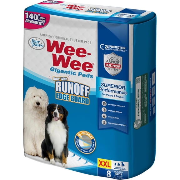 Wee-Wee Superior Performance Pee Pads for Dogs with Runoff Barrier Edge Guard Protection, Puppy & Dog Potty Training Pads, Housebreaking Supplies, 27.5" x 44" (8 Count)