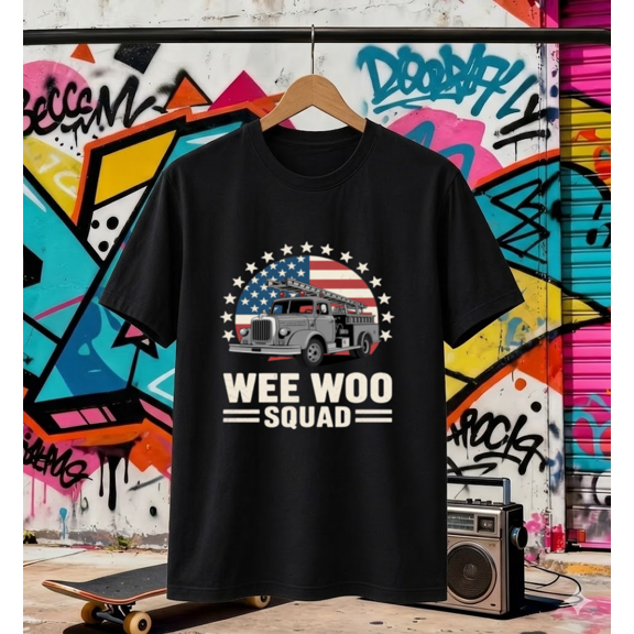 Wee Woo Squad Fire Truck American Flag Retro T-Shirt, for men & women, S-5XL