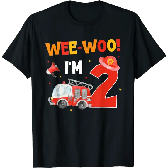 Wee-woo! I'm 2 Fire Truck Party 2nd Birthday Boy Firefighter T-Shirt ...