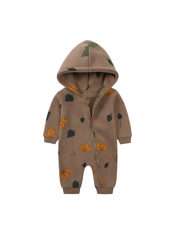 Baby Girls Boys Snowsuits Infant Zipper Warm Hooded Romper Long Sleeve Fall Jumpsuit Outfits,Coffee 9-12 Months