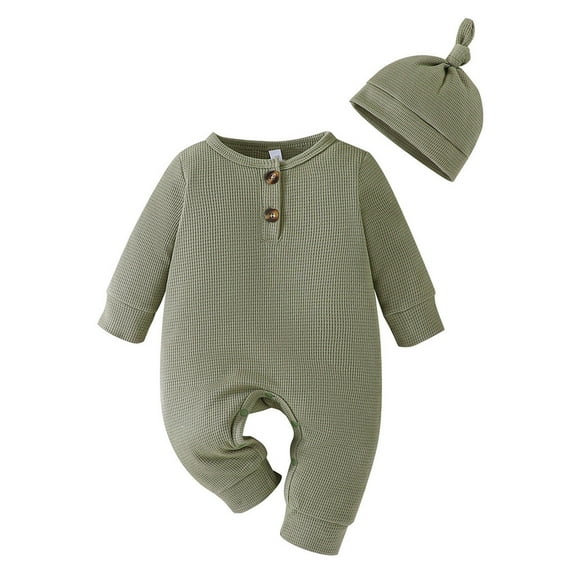 WeeBloom Baby Rompers Girl Boy Winter Long Sleeve Jumpsuit Solid Color Print With Hat Outwear Fall Clothes Loungewear Pajamas,Green 12-18 Months