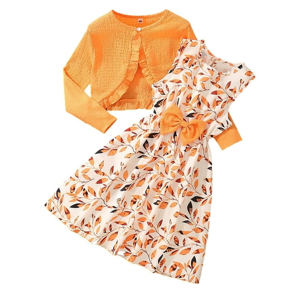 WeeBloom Cute Outfits For Girls Floral Print Bow Dress With Ruffled Sleeve Short Jacket 2 Piece Kids Autumn Casual Clothes Set Lovely Girl Outfit 6-7 Years