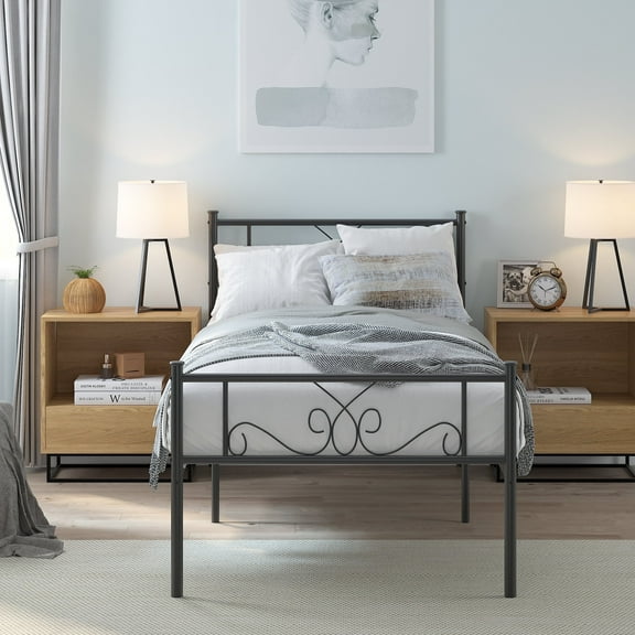 WeeHom Twin Size Metal Bed Frame  Single Bed Frame with Headboard for Boys GirlsTeens,  Black