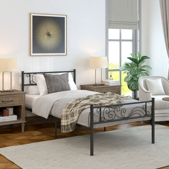 WeeHom Twin Size Metal Bed Frame for Boys Single Platform Bed Frame with Headboard Footboard for Bedroom, Black