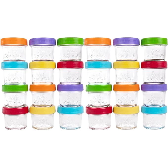 WeeSprout Baby Food Storage Glass Jars w/ Lids (4 oz, 24 Pack) Bright Variety, Snack, Reusable Small Containers, Fridge or Freezer, Microwave & Dishwasher Safe, Essentials for Infants