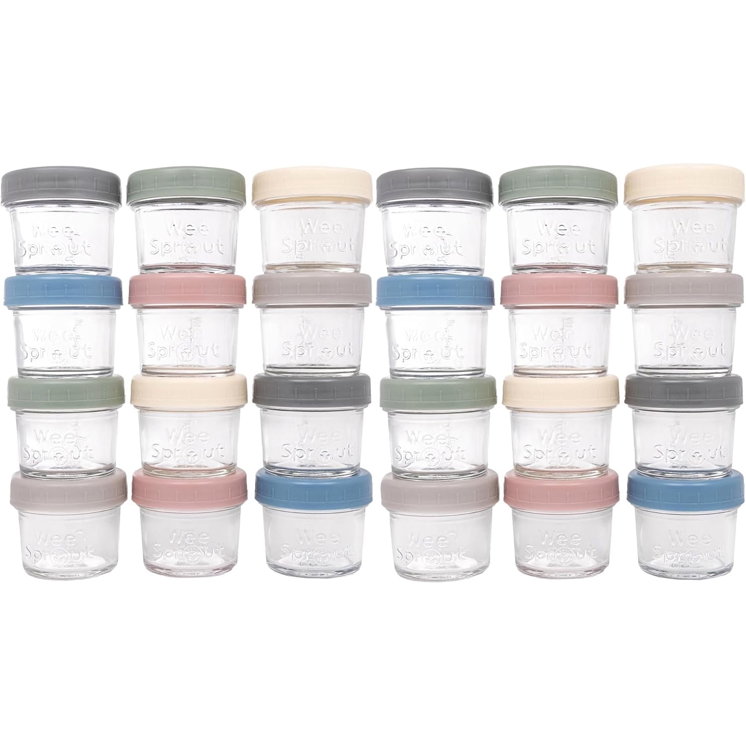 WeeSprout Baby Food Storage Glass Jars w/ Lids (4 oz, 24 Pack) Matte Variety, Snack, Reusable Small Containers, Fridge or Freezer, Microwave & Dishwasher Safe, Essentials for Infants