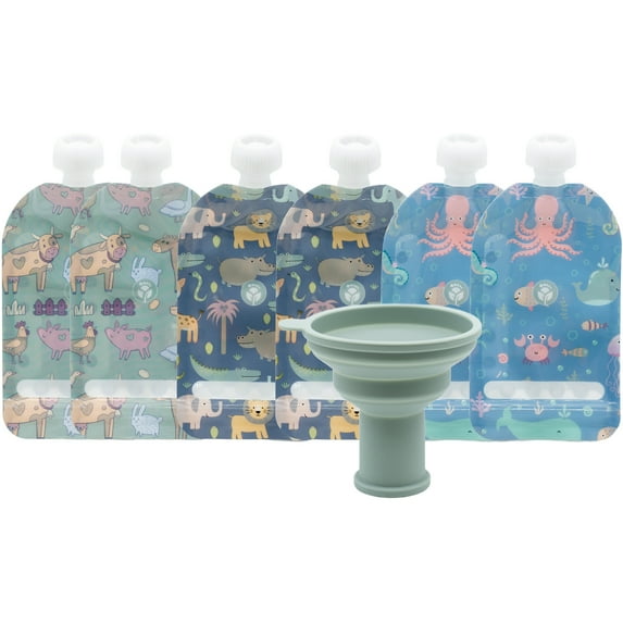 WeeSprout Double Zipper Reusable Food Pouches for Babies & Toddlers, Animals, 5 fl oz