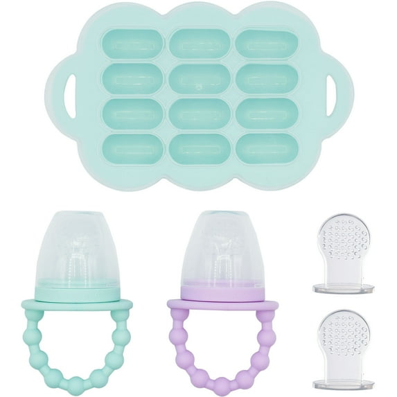 WeeSprout Silicone Baby Feeder Teether Set with Freezer Tray & Extra Pouches