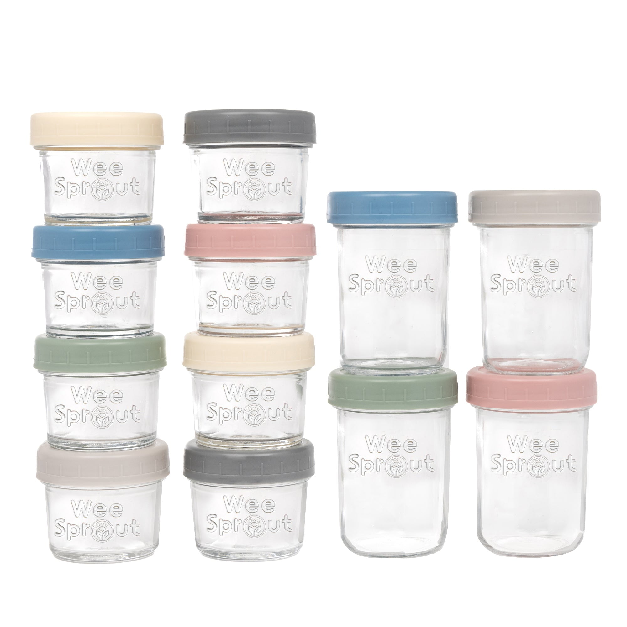 WeeSprout Glass Baby Food Storage Jars 12 Set, 4 oz/8 oz Baby Food Jars, Plastic Lids, Freezer