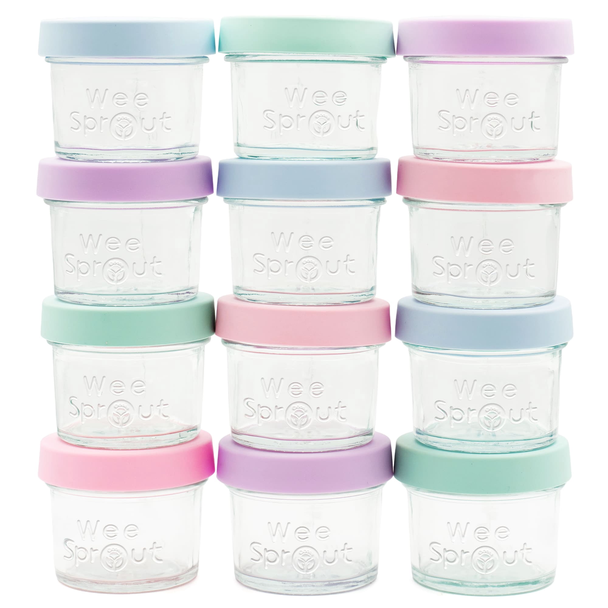 WeeSprout Glass Baby Food Storage Jars w/ Silicone Lids (4 oz, 12 Pack, Matte Variety)