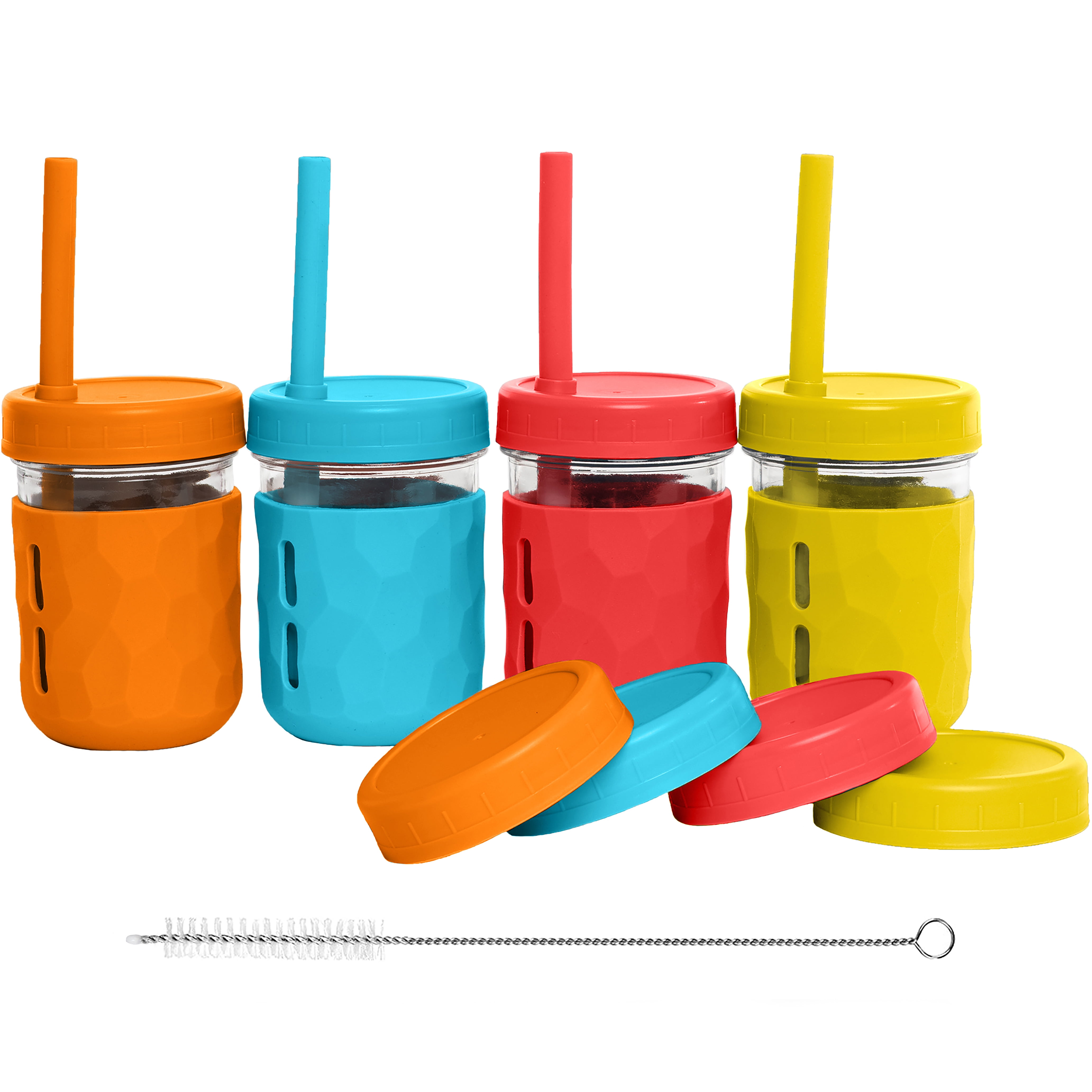 WeeSprout Glass Cups with Lids & Straws, Spill-resistant Cups for Toddlers & Kids - 8/12oz, Set of 4