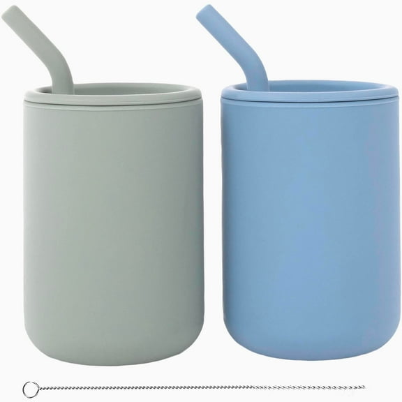 WeeSprout Silicone Baby Cups With Straws and Lids, 8 oz, Set of 2