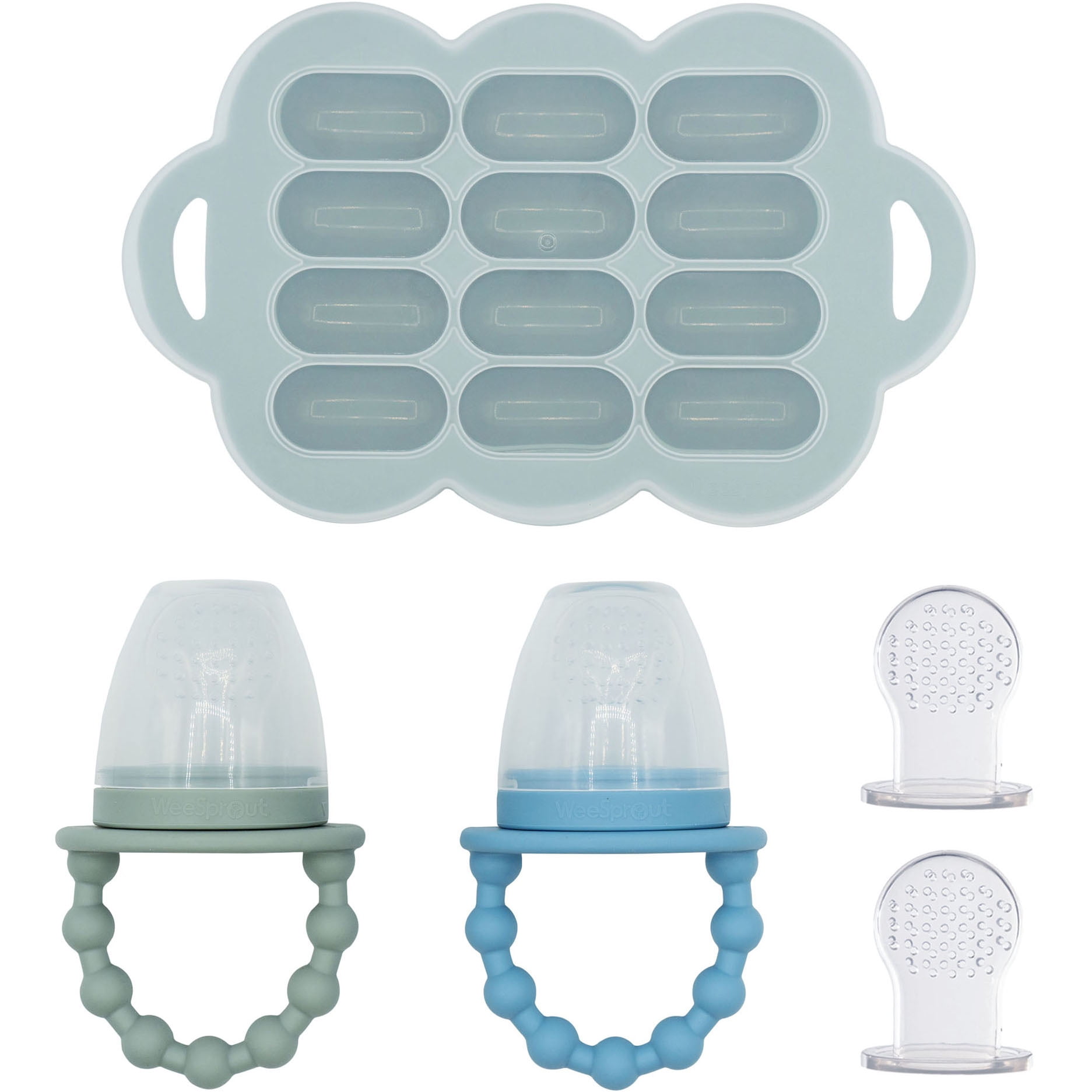 WeeSprout Silicone Baby Feeder Teether Set with Freezer Tray & Extra ...