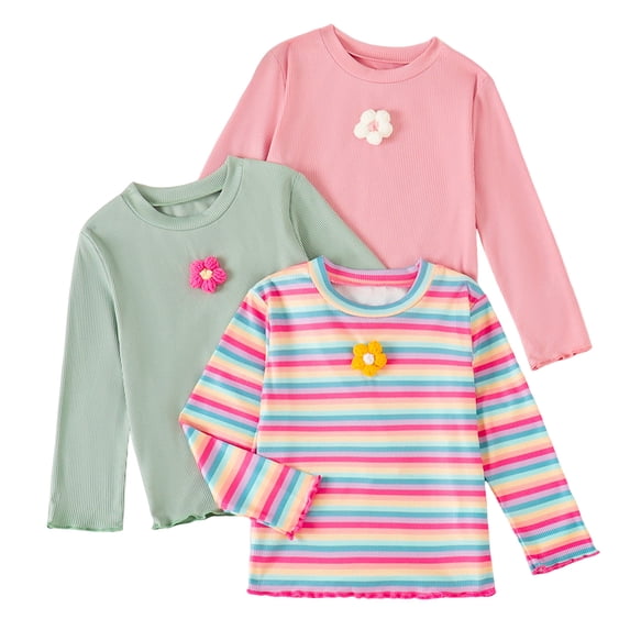 WeeWhimsy 3 Pack Baby and Toddler Girls Shirts Cotton Long Sleeve T-Shirts Kids Tshirts Summer Tees Tops (2Y-8Y)